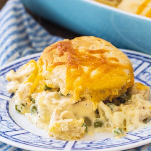 Creamed Chicken and Biscuits on a blue and white plate.