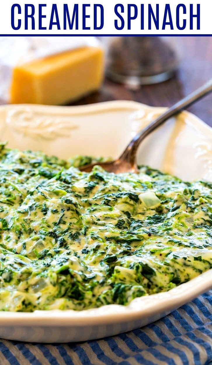Creamed Spinach in a white serving bowl.