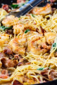 Creamy Angel Hair Pasta with Bacon and Shrimp.