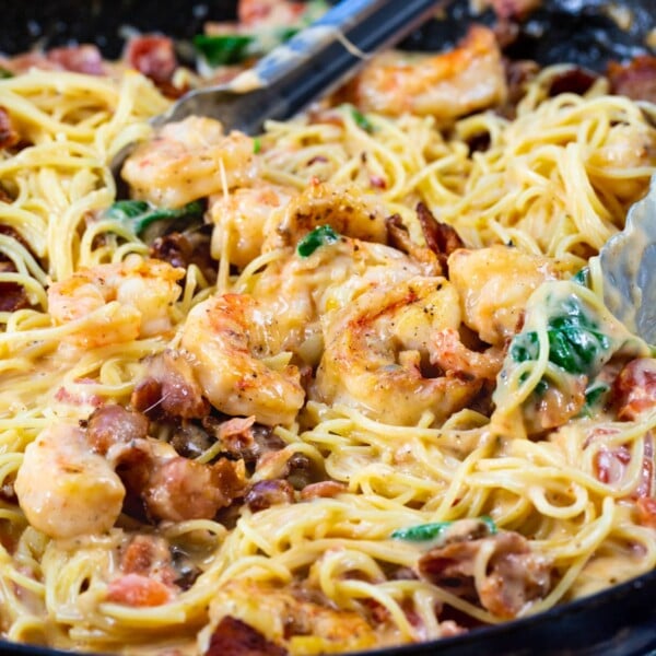 Creamy Angel Hair Pasta with Bacon and Shrimp.