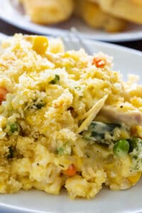 Creamy and Chicken Rice Casserole dished up on a plate.