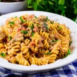 Creamy Rotel Pasta with Sausage in a bowl.