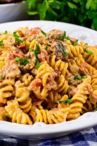 Creamy Rotel Pasta with Sausage in a bowl.