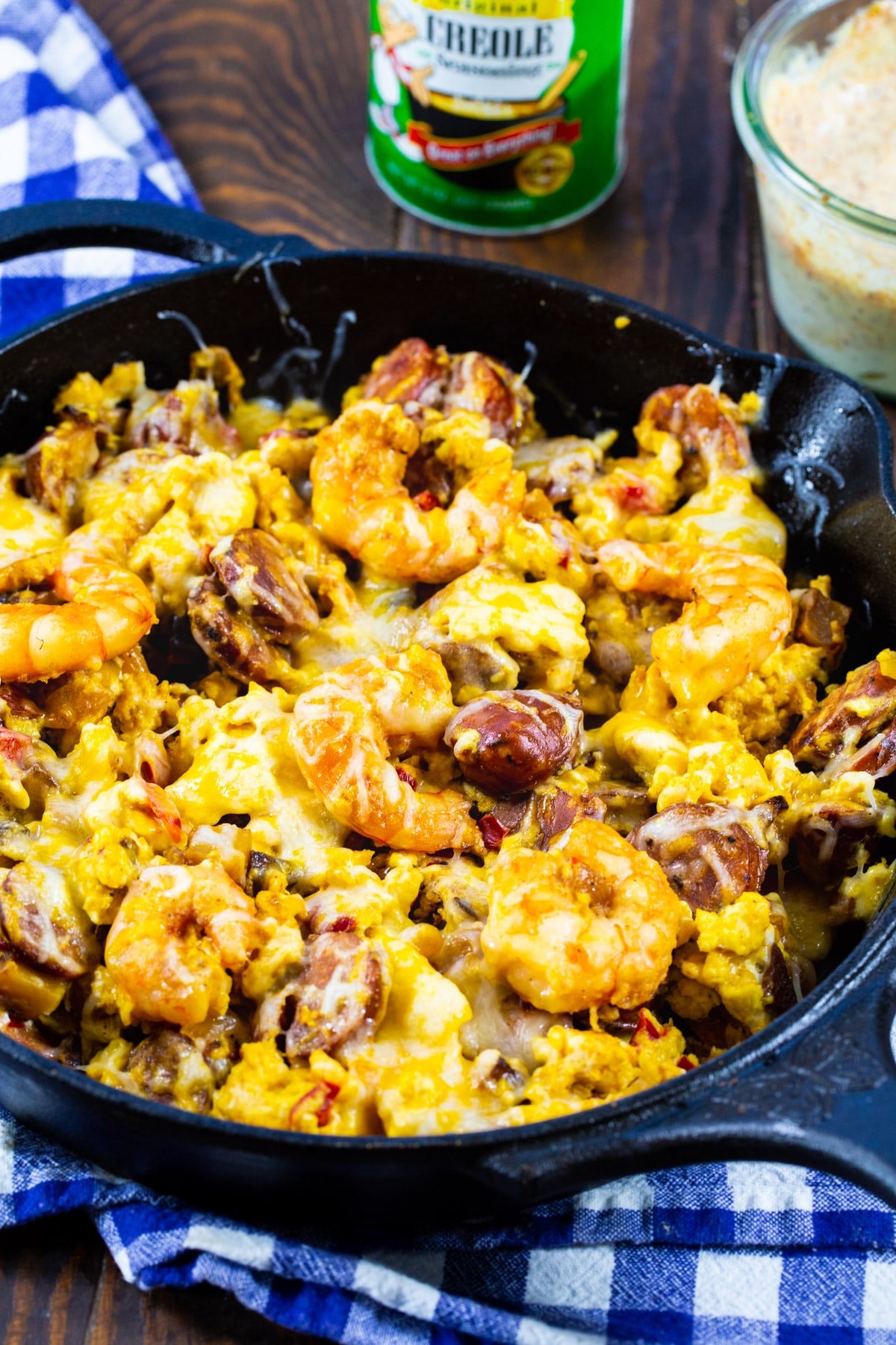Cheesy Creole Breakfast Skillet in a cast iron skillet.