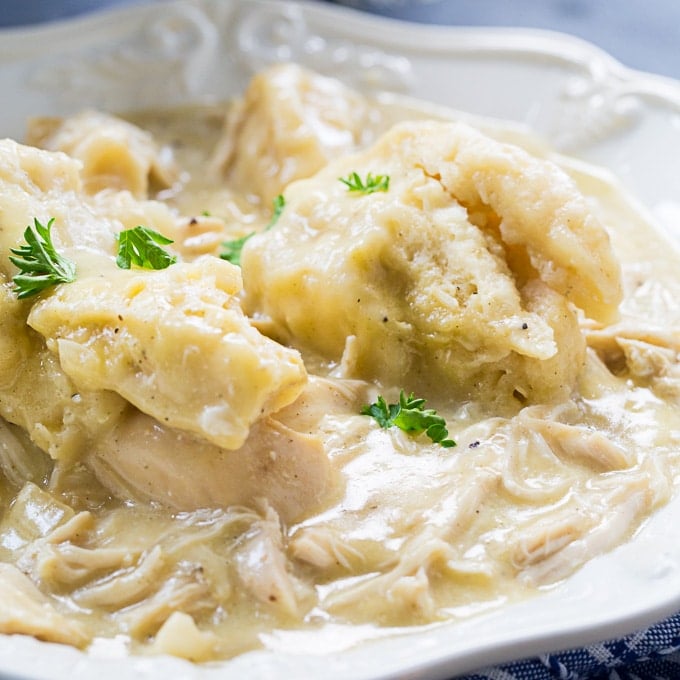 Crock pot chicken and dumplings with biscuits