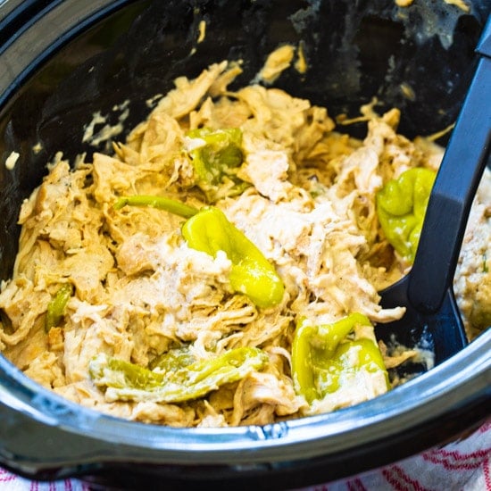 Crock Pot Creamy Mississippi Chicken in black slow cooker.