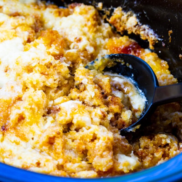 Crock Pot Peaches and Cream Cake in slow cooker.