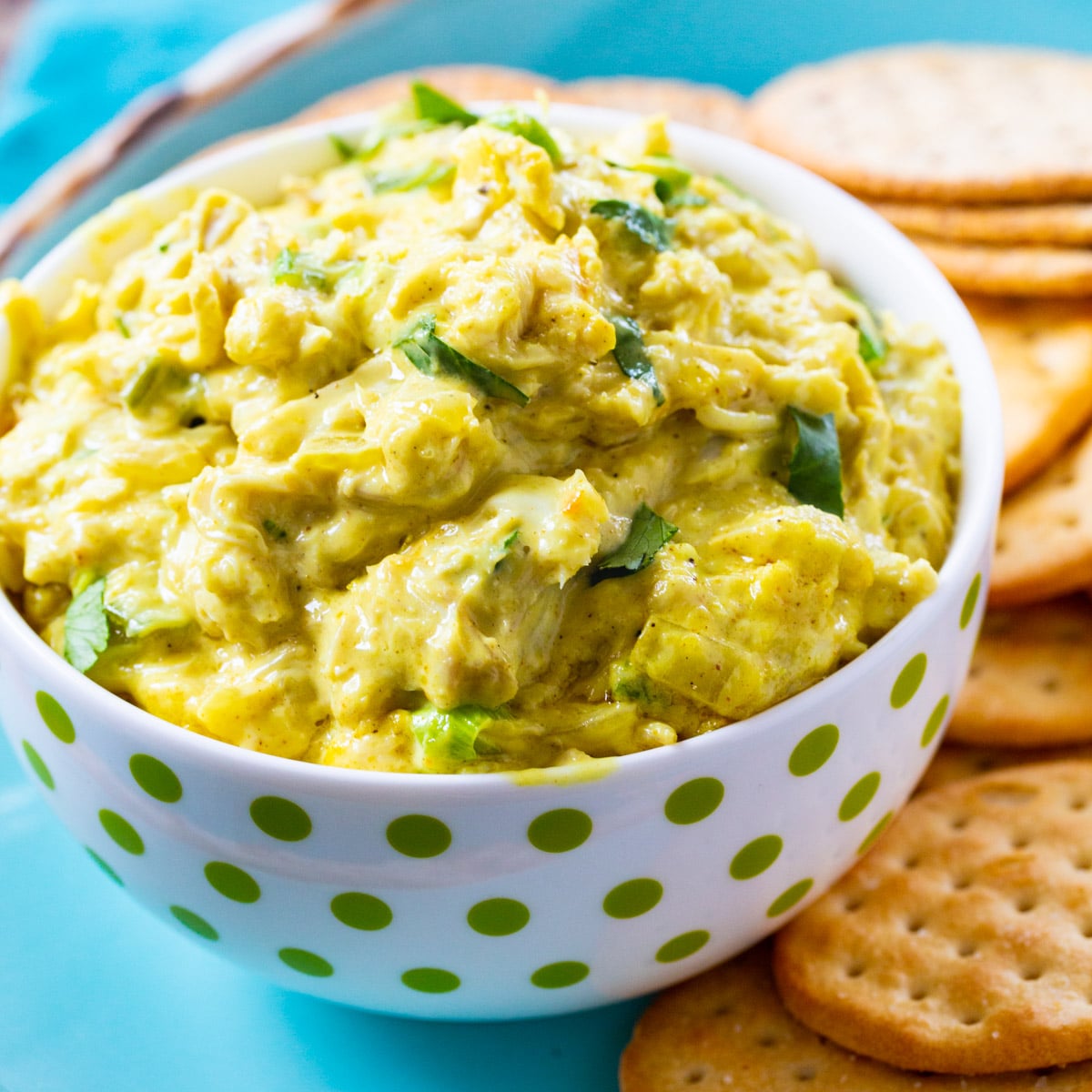 Bowl full of Curried Crab Dip surrounded by crackers.