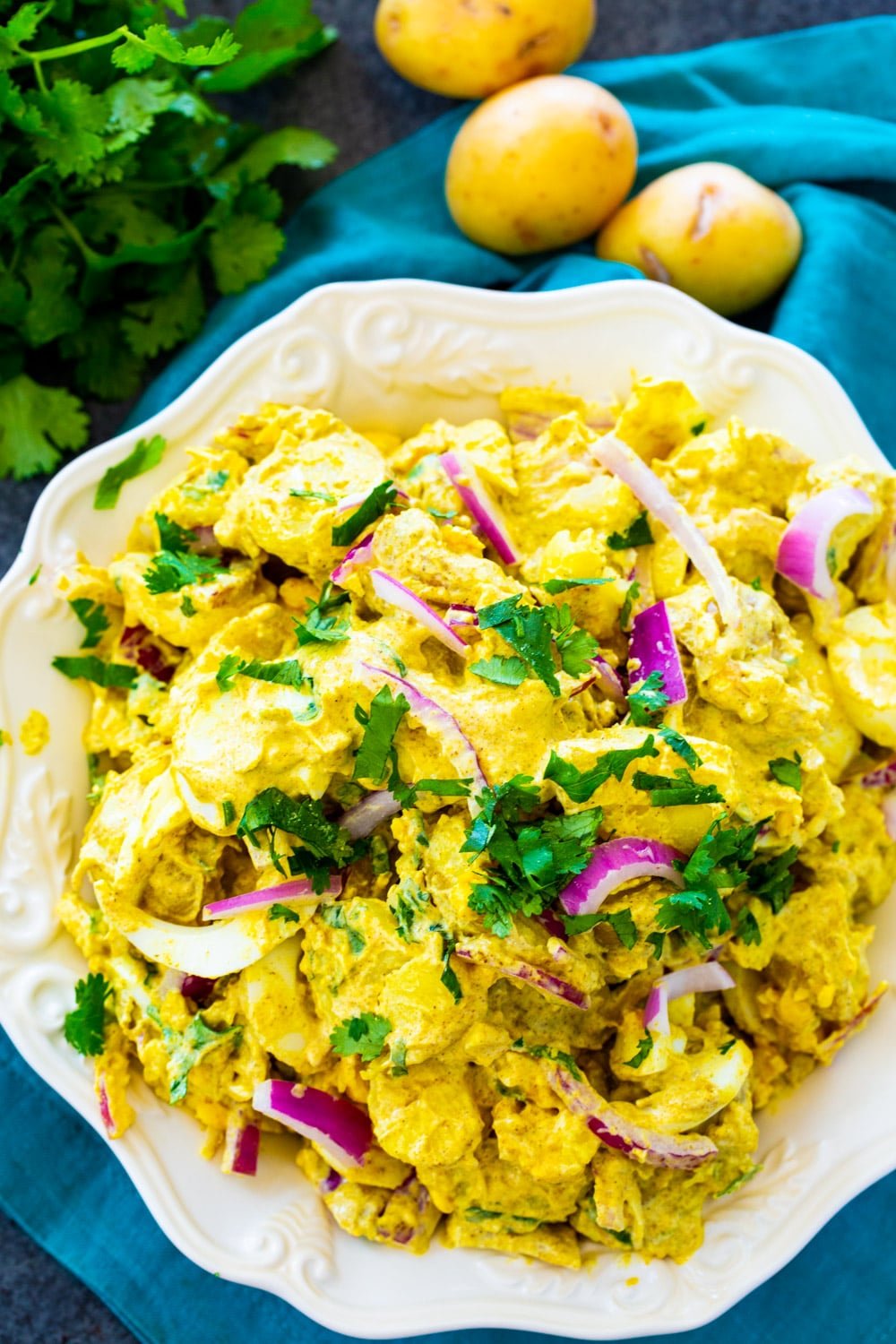Overhead of Curried Potato Salad in a bowl.