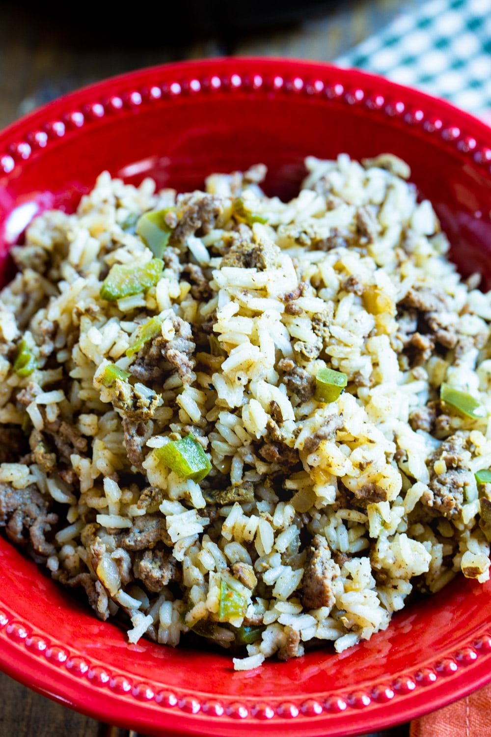 Rice in a red bowl.