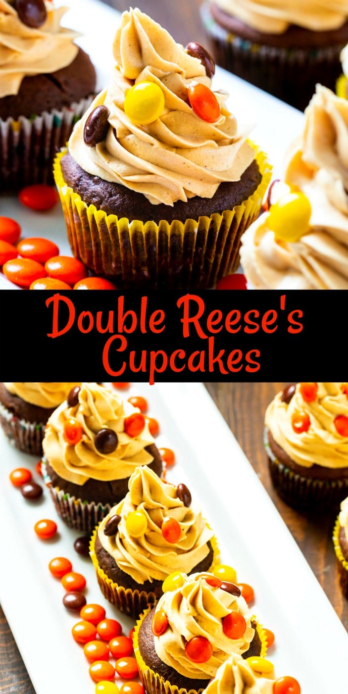 Collage of Double Reese's Cupcakes