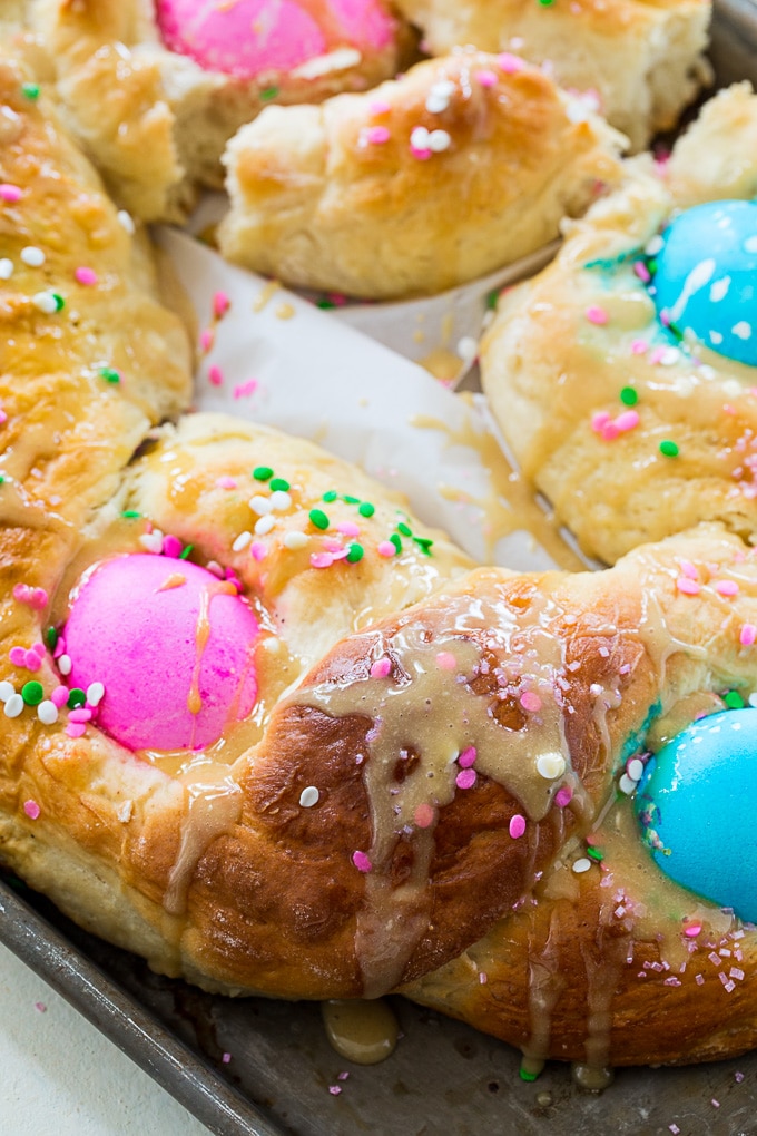 Easter Egg Bread with dyed eggs