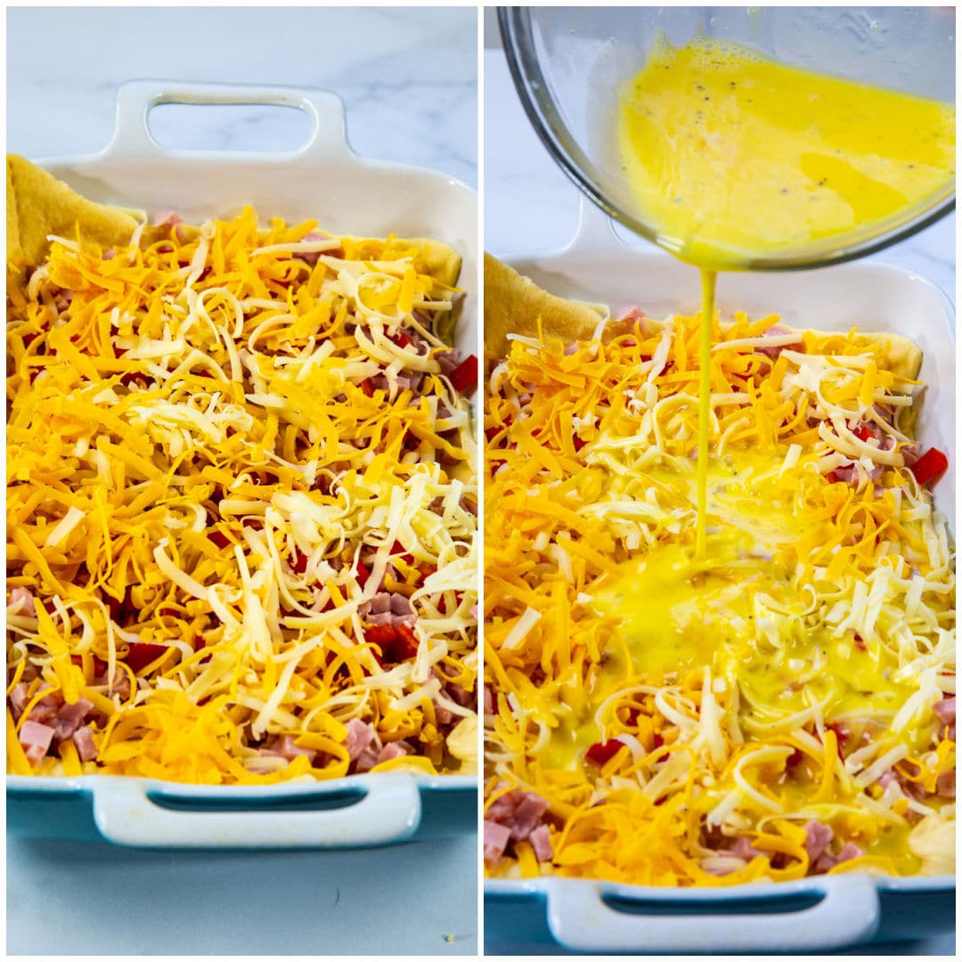 Collage showing cheese placed on top and egg mixture poured in.