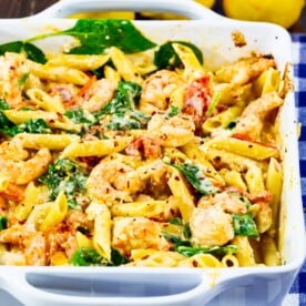 Feta Shrimp Penne in square baking dish.