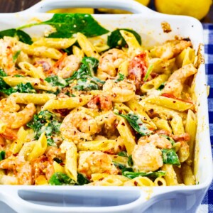 Feta Shrimp Penne in square baking dish.