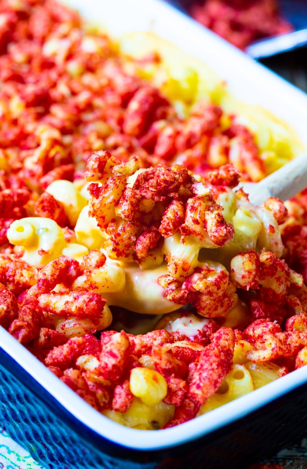 Mac and Cheese with flamin cheetos on top.