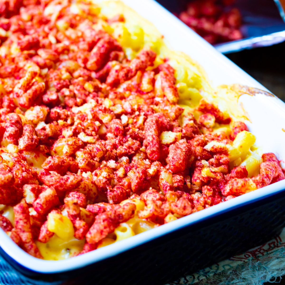 Flamin Hot Cheetos Mac and Cheese in a baking dish.