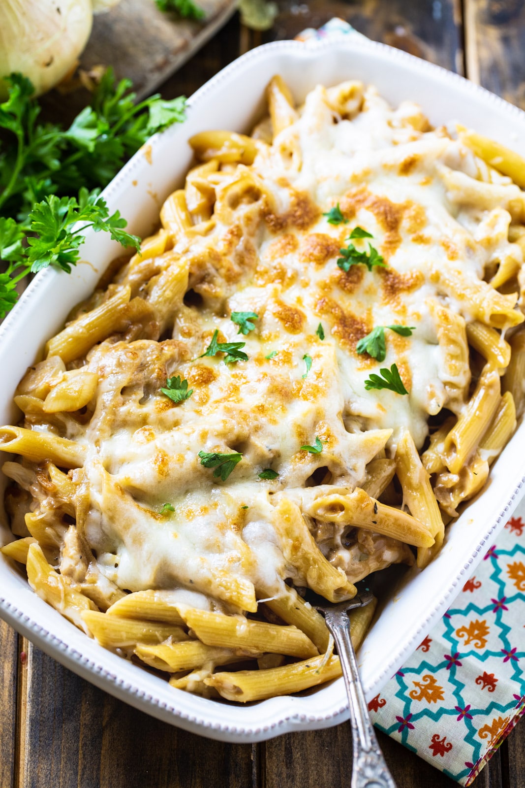 French Onion Pasta in a white baking dish.