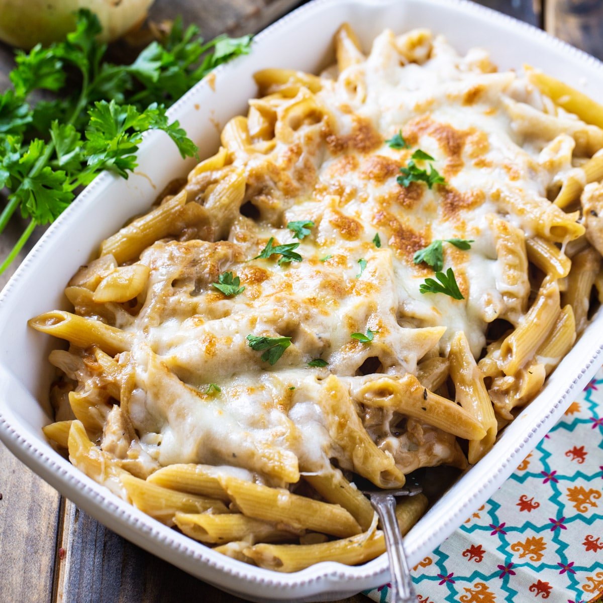 French Onion Pasta in a casserole dish.