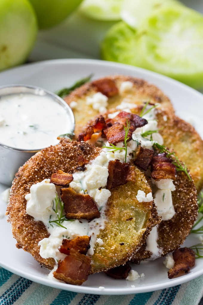 Fried Green Tomatoes with Buttermilk Feta Dressing and Bacon