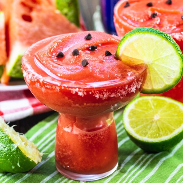 Frozen Watermelon Margaritas with mini chocolate chips on top.