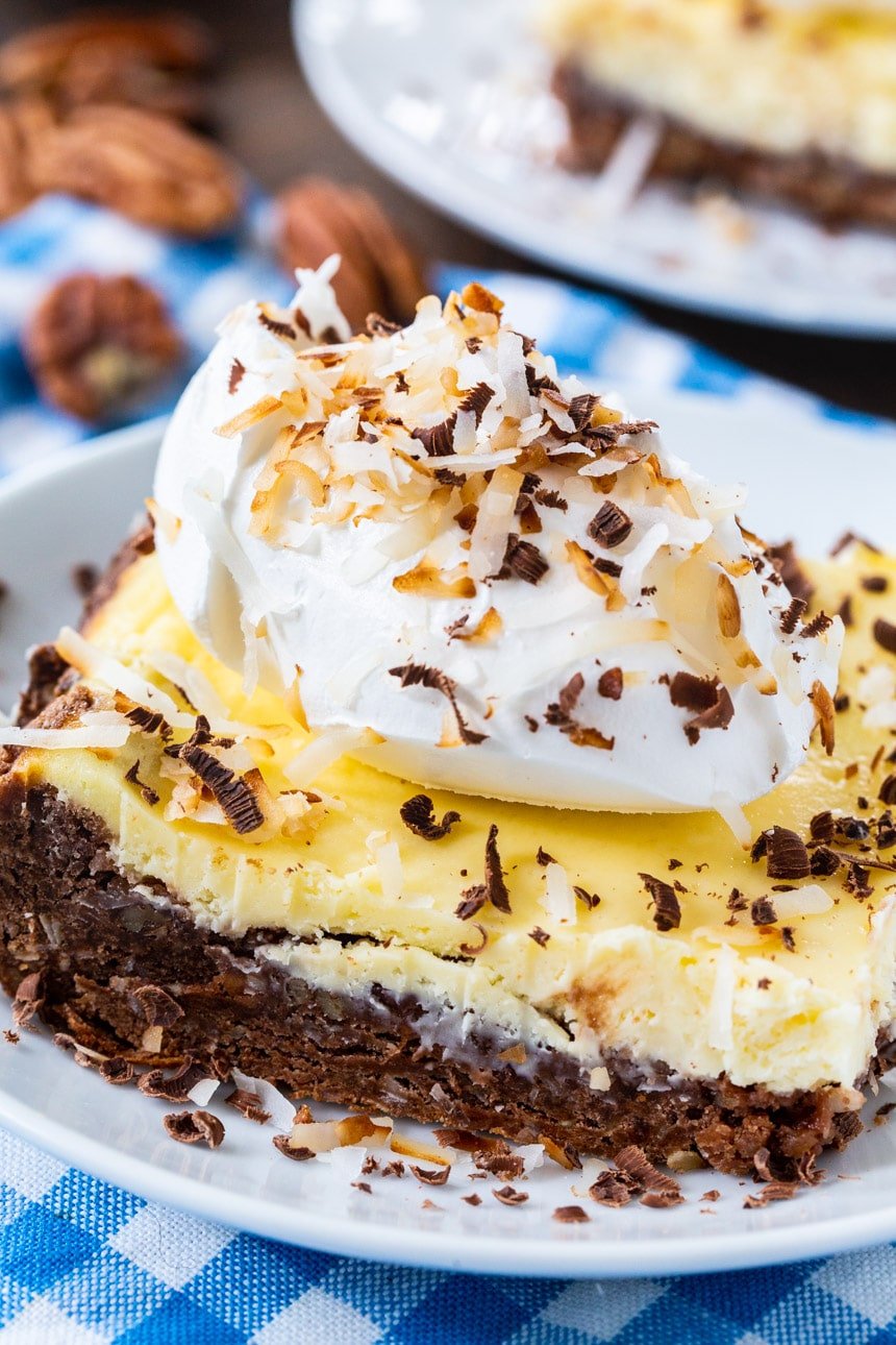 Close-up of German Chocolate Cheesecake Brownie