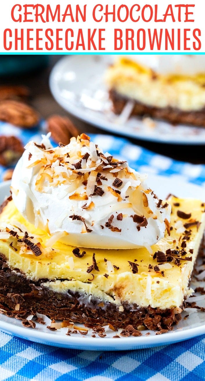 Close-up of brownie with text overlay "German Chocolate Cheesecake Brownies"