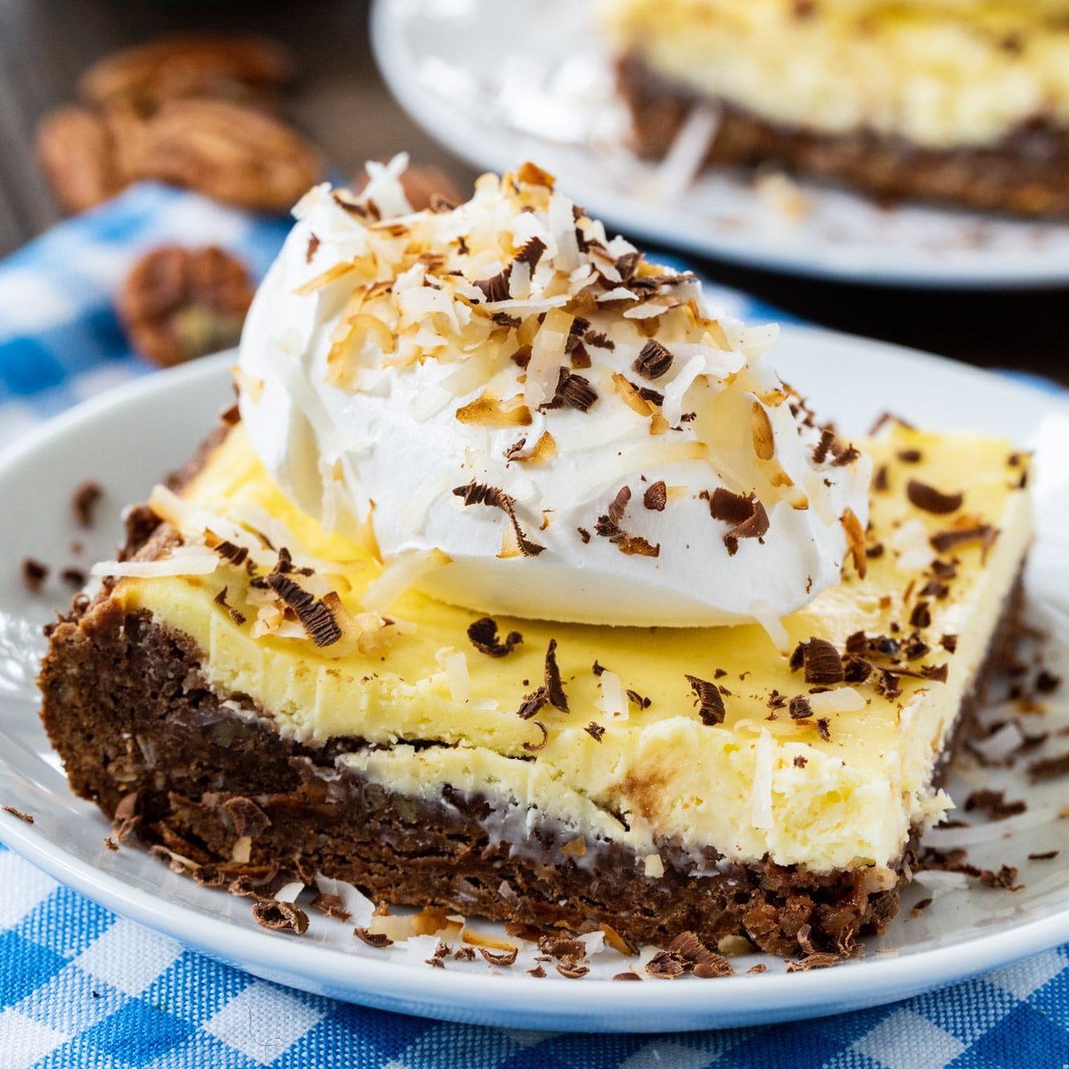 German Chocolate Cheesecake Bar on a plate.