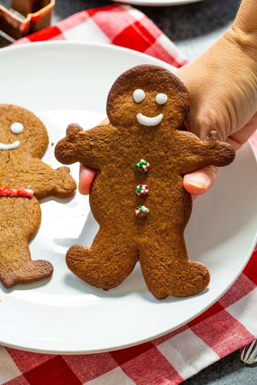 Hand holding a gingerbread cookie.