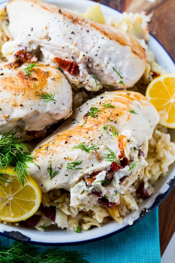 Greek Stuffed Chicken with feta cheese, olives, artichoke hearts, and sun-dried tomatoes.