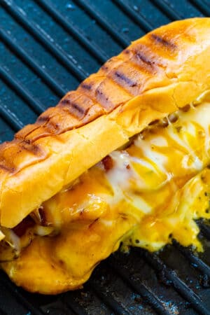 Grilled Cheese Hot Dogs on a grill pan.