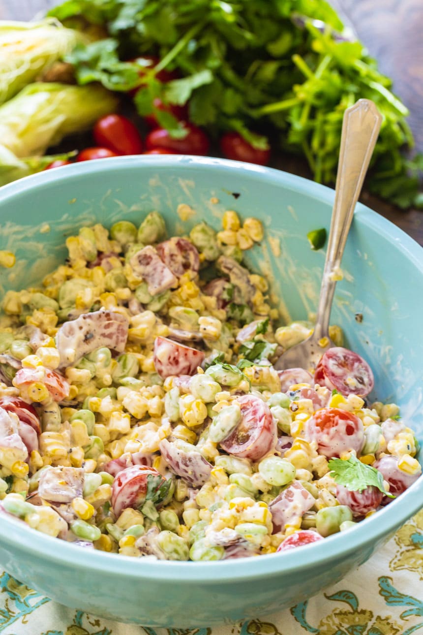 Grilled Corn and Butter Bean Salad in a large blue bowl