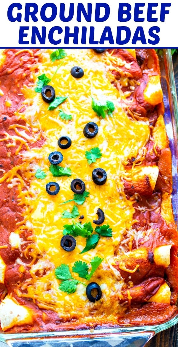 close-up of Beef Enchiladas in baking dish