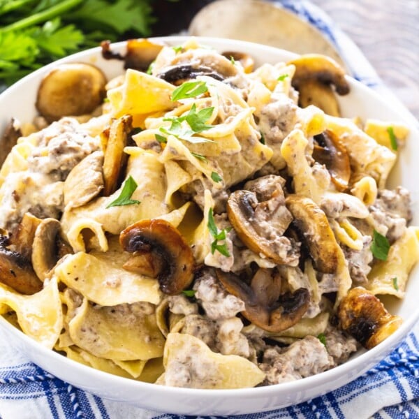 Ground Beef Stroganoff in a serving bowl.