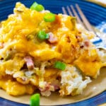 Hash Brown Casserole dished up on a plate.