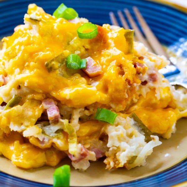 Hash Brown Casserole dished up on a plate.