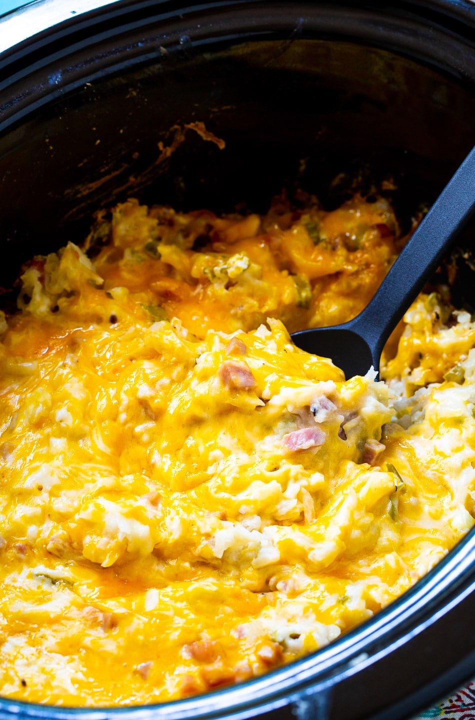 Ham and Cheese Hash Brown Casserole in a slow cooker.