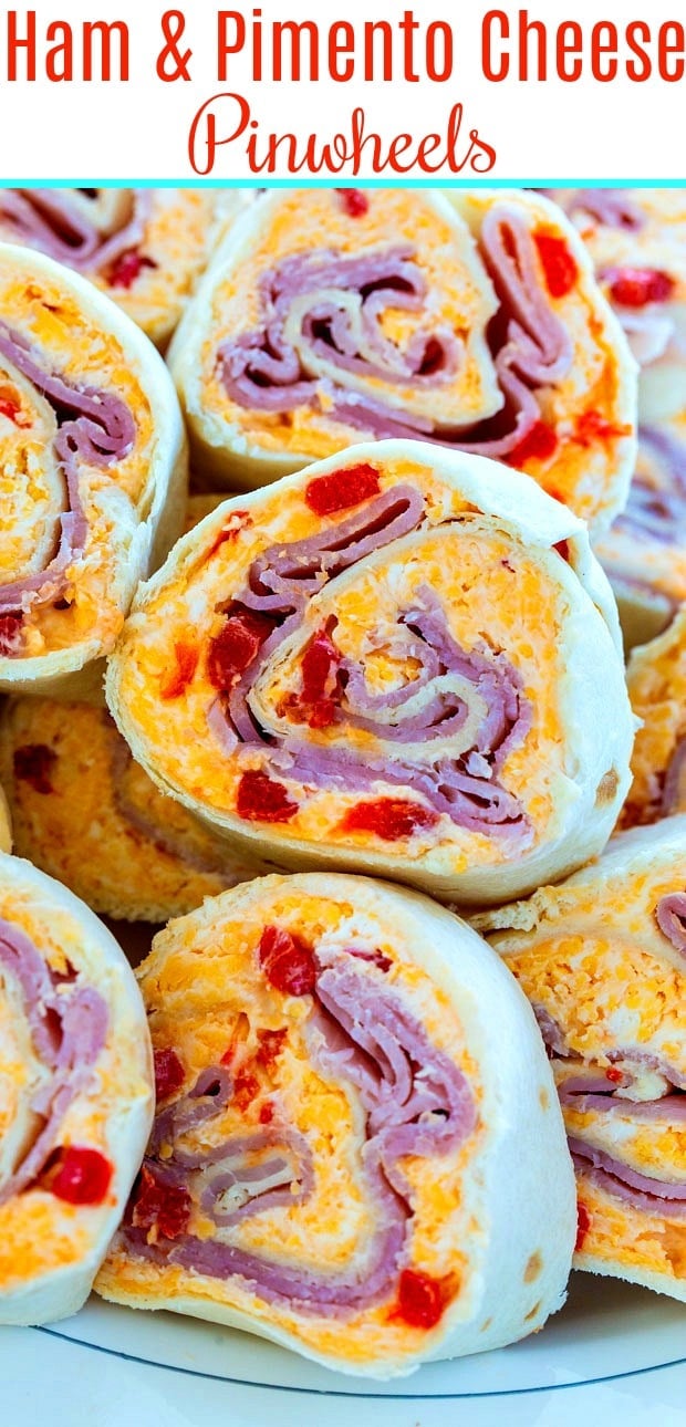 Sliced pinwheels stuffed with a ham and pimento cheese mixture