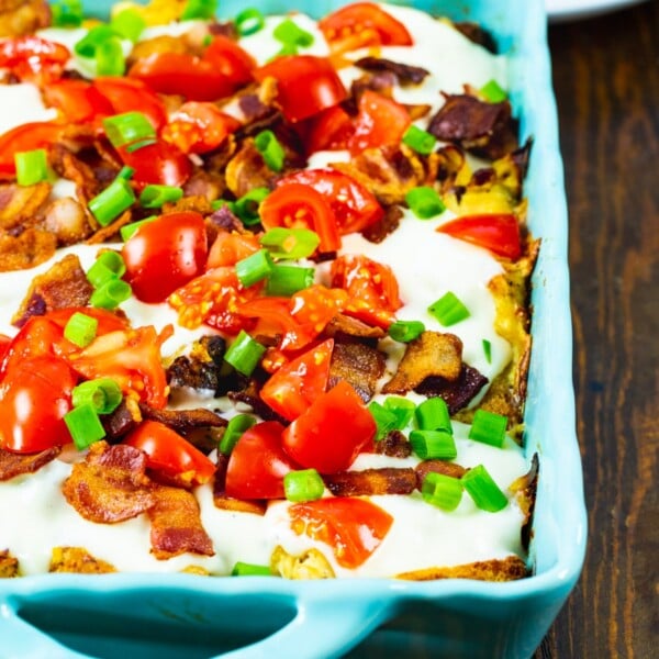 Hot Brown Casserole in a blue baking dish.