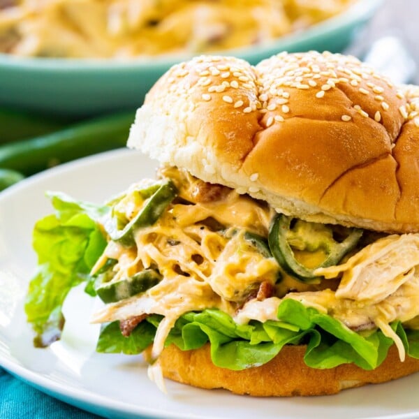 Instant Pot Jalapeno Popper Shredded Chicken on a bun.