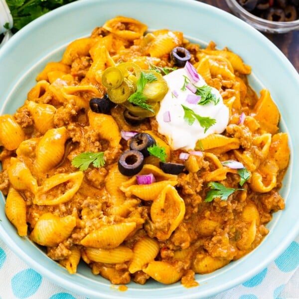 Bowl full of taco pasta.