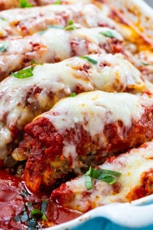 Italian Meatloaf cooked in tomato sauce.