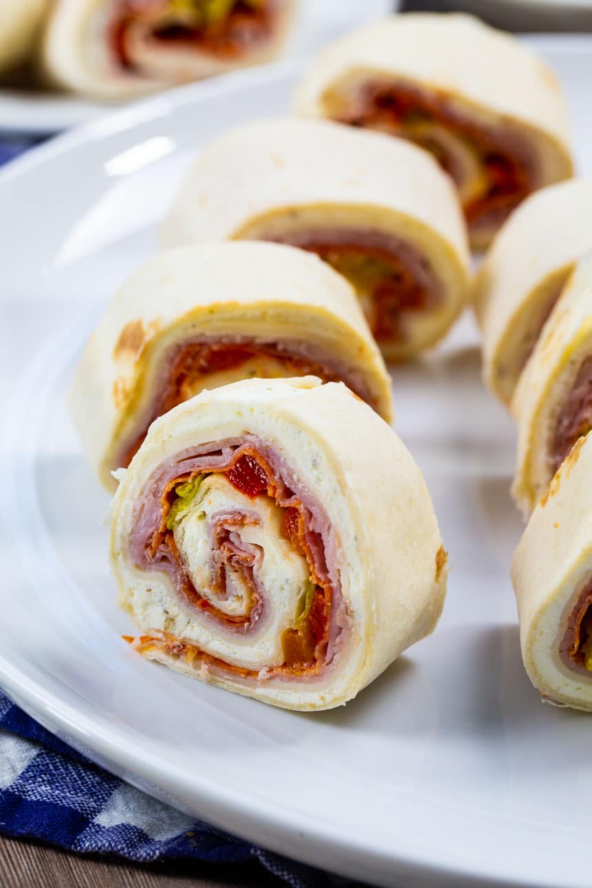 Spicy Italian Pinwheels on a white plate.