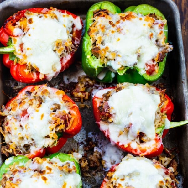 Italian Sausage Stuffed Peppers on a baking sheet.