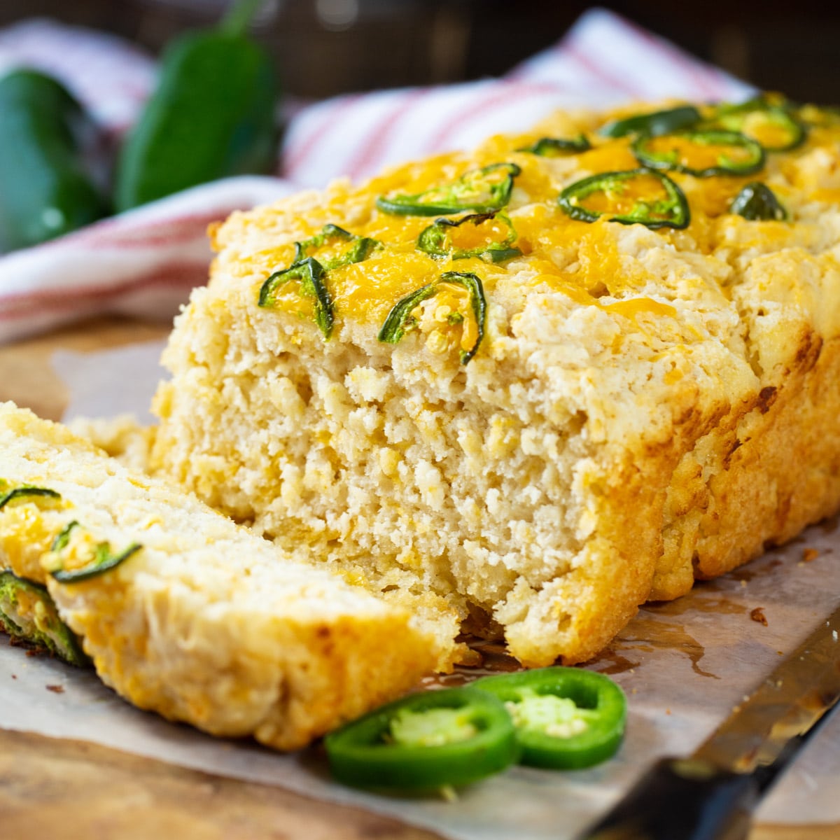 Jalapeno Beer Bread with a slice cut.