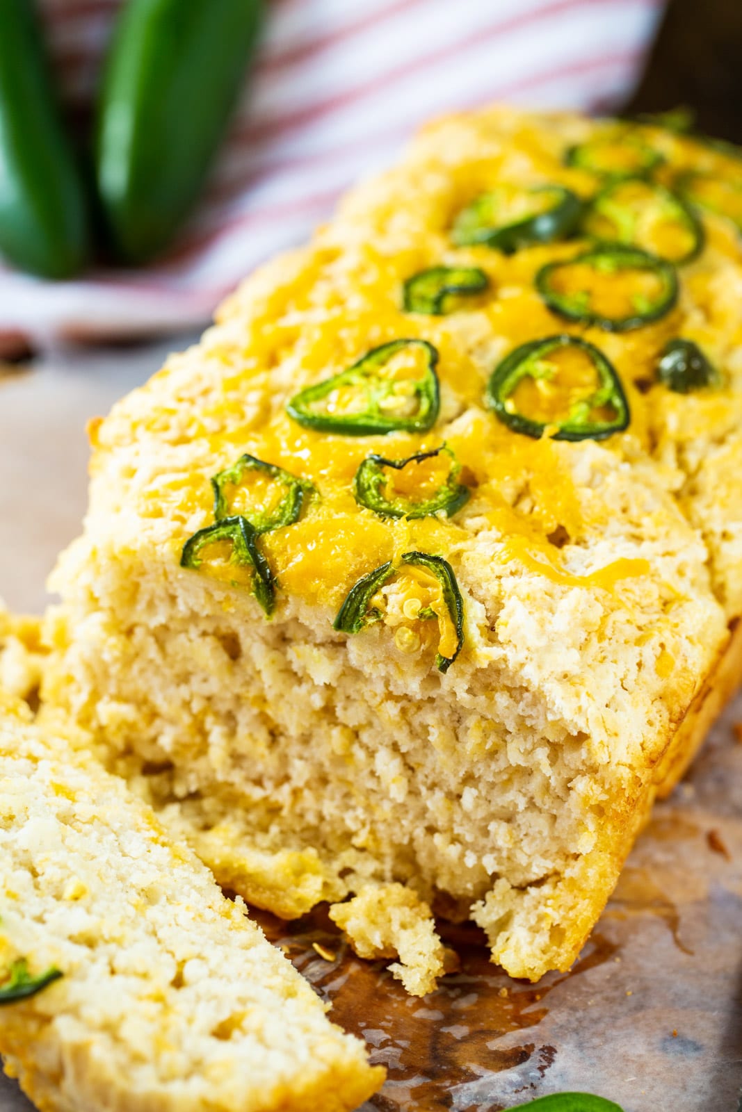 Beer Bread with sliced jalapenos on top.