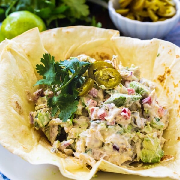 Jalapeno Chicken Salad in a tortilla shell.