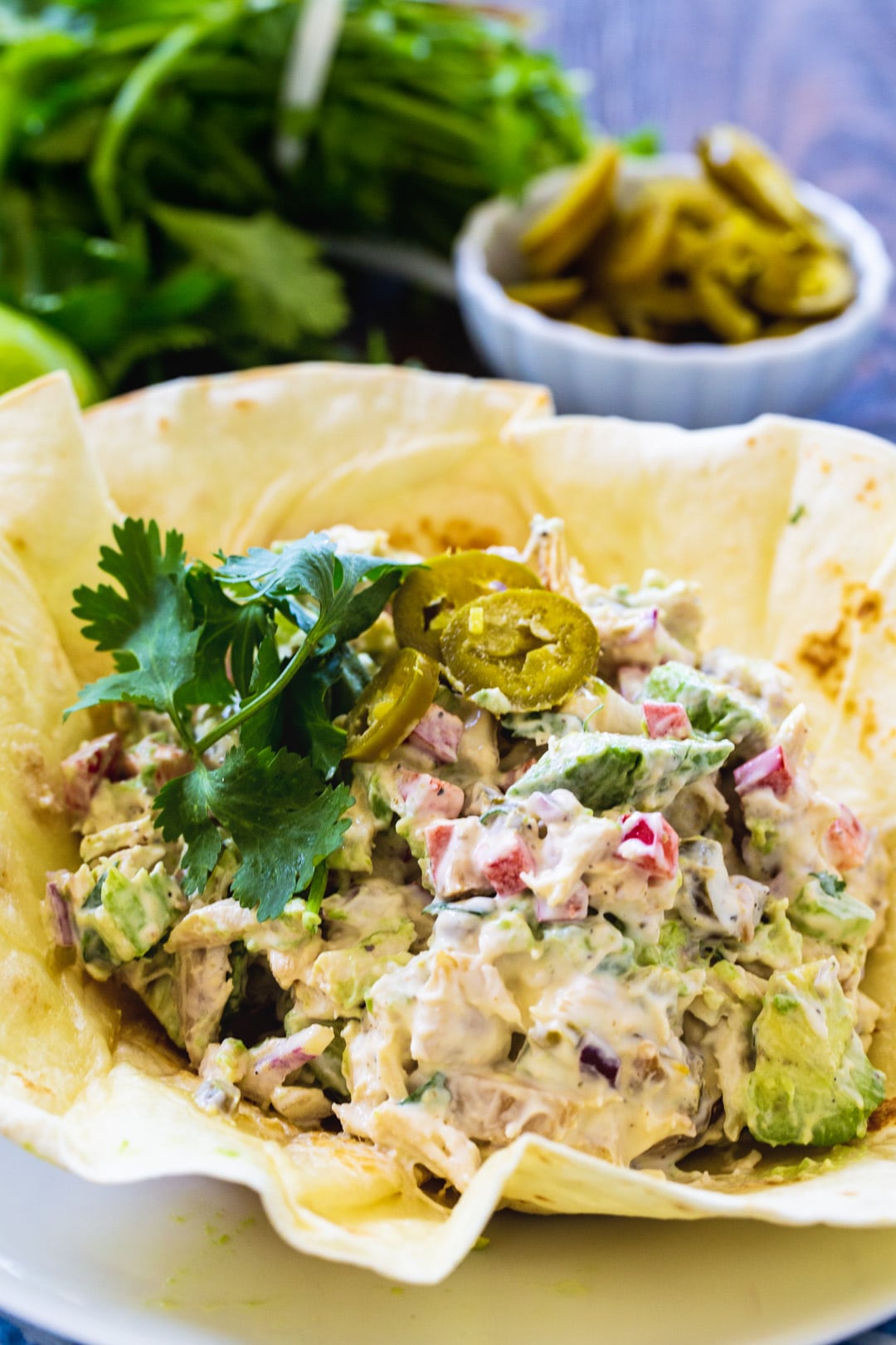 Jalapeno Chicken Salad in a crispy flour tortilla shell.