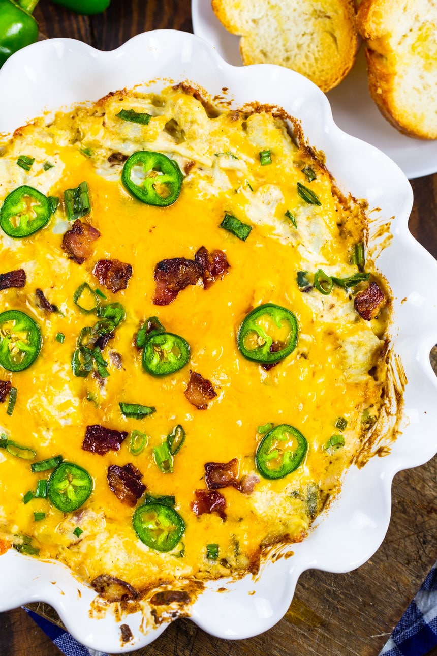 Jalapeno Popper Crab Dip in a white baking dish.