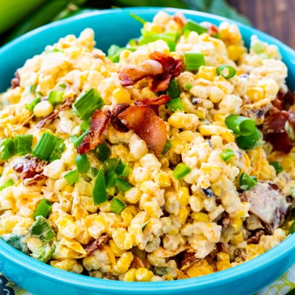 Jalapeno Popper Grilled Corn Salad in blue bowl.